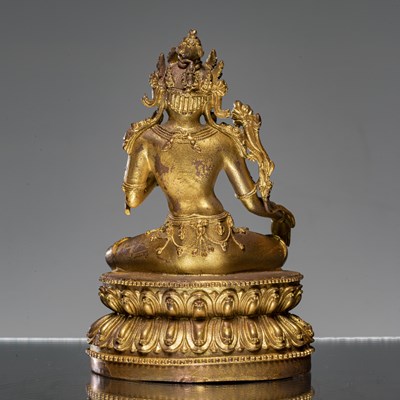 Lot 92 - A BRONZE GOLD COLOURED FIGURE OF GREEN TARA MING DYNASTY STYLE (1368-1644)