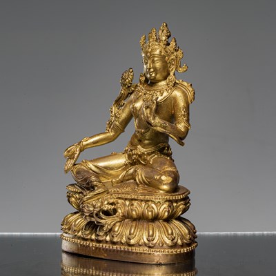 Lot 92 - A BRONZE GOLD COLOURED FIGURE OF GREEN TARA MING DYNASTY STYLE (1368-1644)