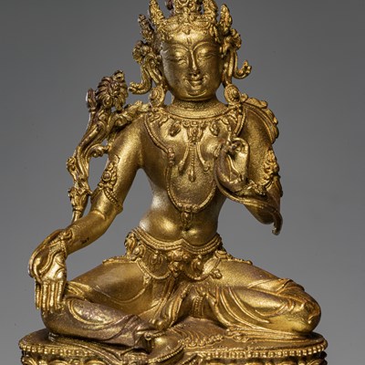 Lot 92 - A BRONZE GOLD COLOURED FIGURE OF GREEN TARA MING DYNASTY STYLE (1368-1644)