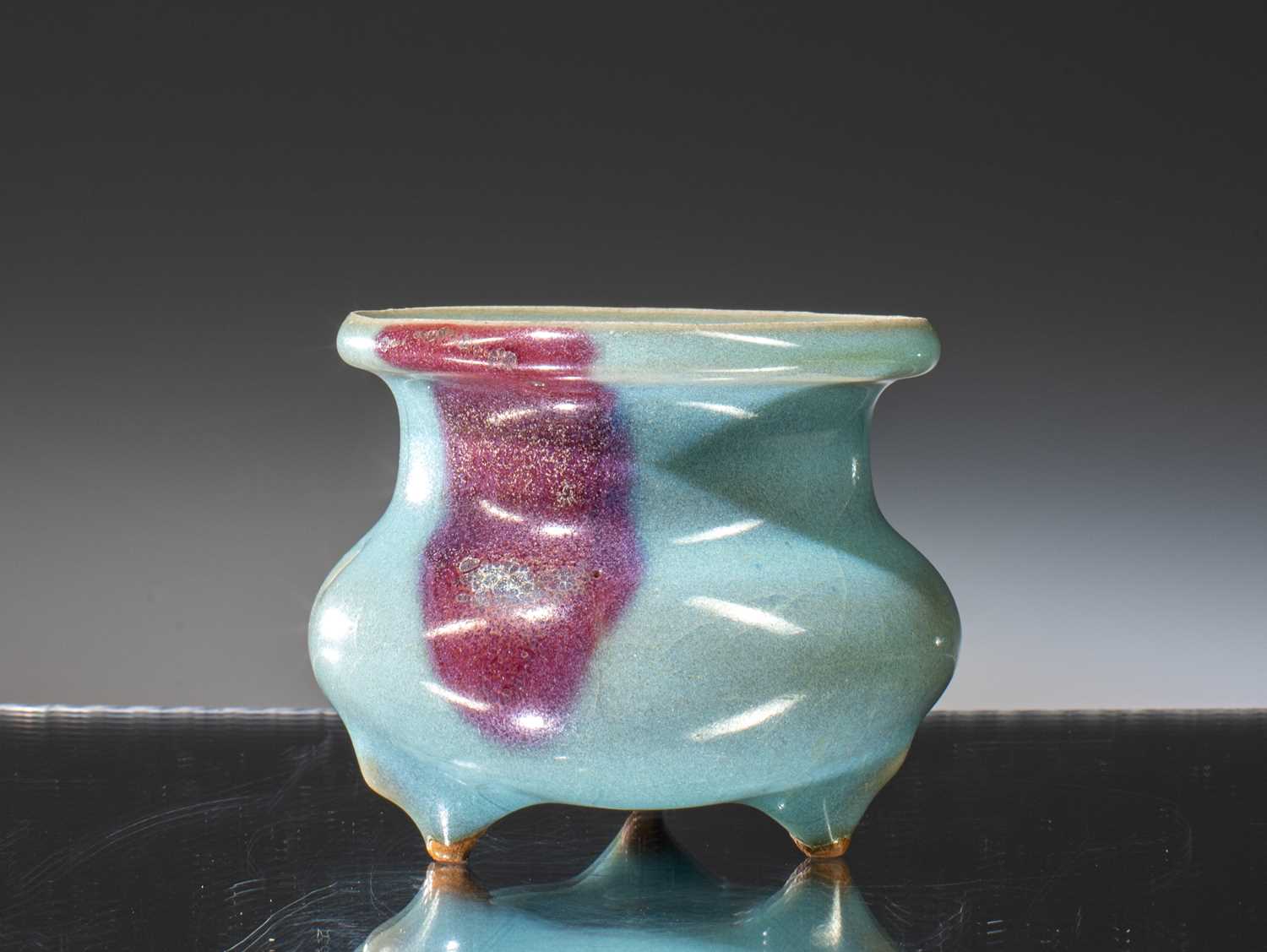 Lot 27 - PURPLE SPLASHED JUN-WARE TRIPOD INCENSE CENSER