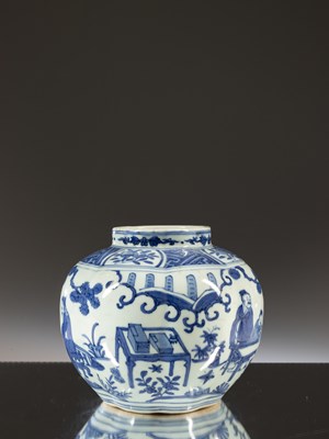 Lot 19 - BLUE AND WHITE FIGURAL JAR